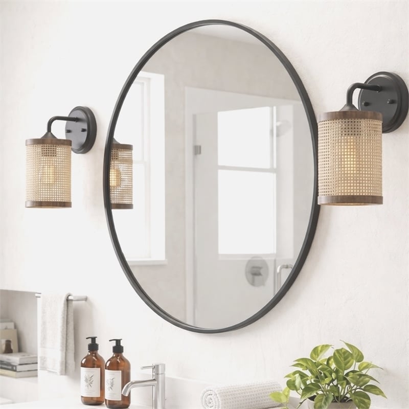 Zena 1-Light Rattan Wall Sconce with Black Metal Finish