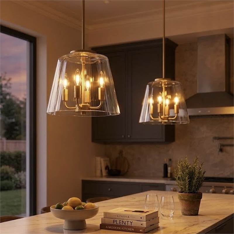 Donut 4-Light Metal Pendant with Satin Brass Finish and Clear Glass Shade