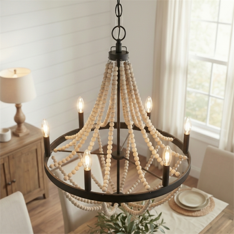 Skali 6-Light Wood Bead Chandelier with Matte Black Finish