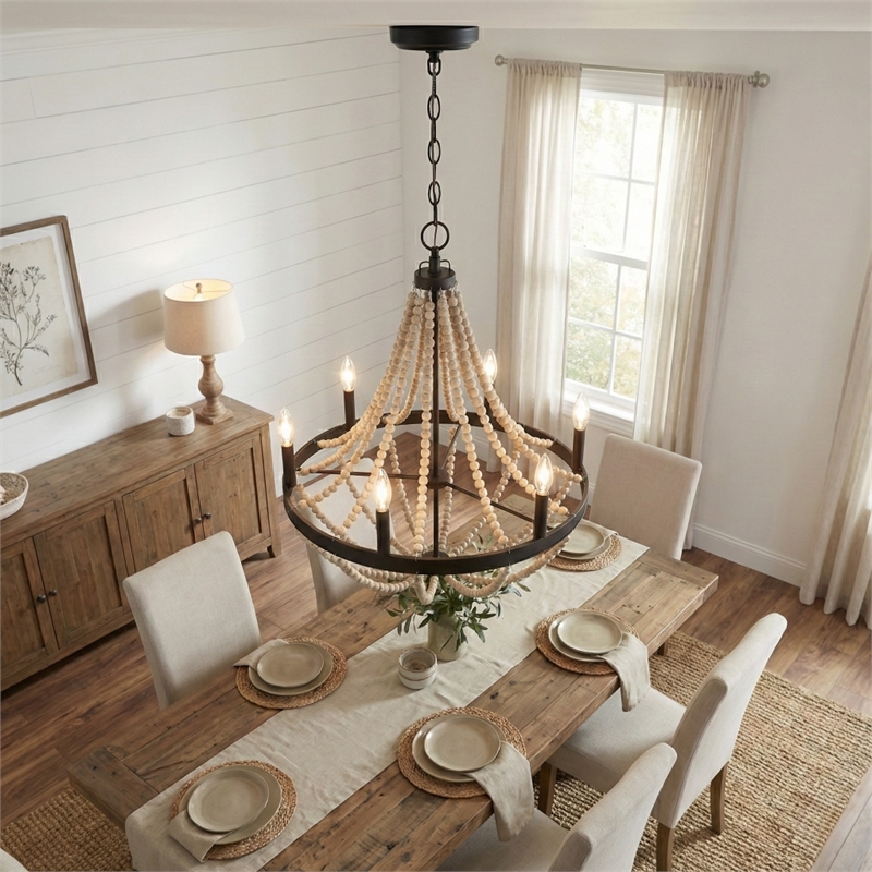 Skali 6-Light Wood Bead Chandelier with Matte Black Finish