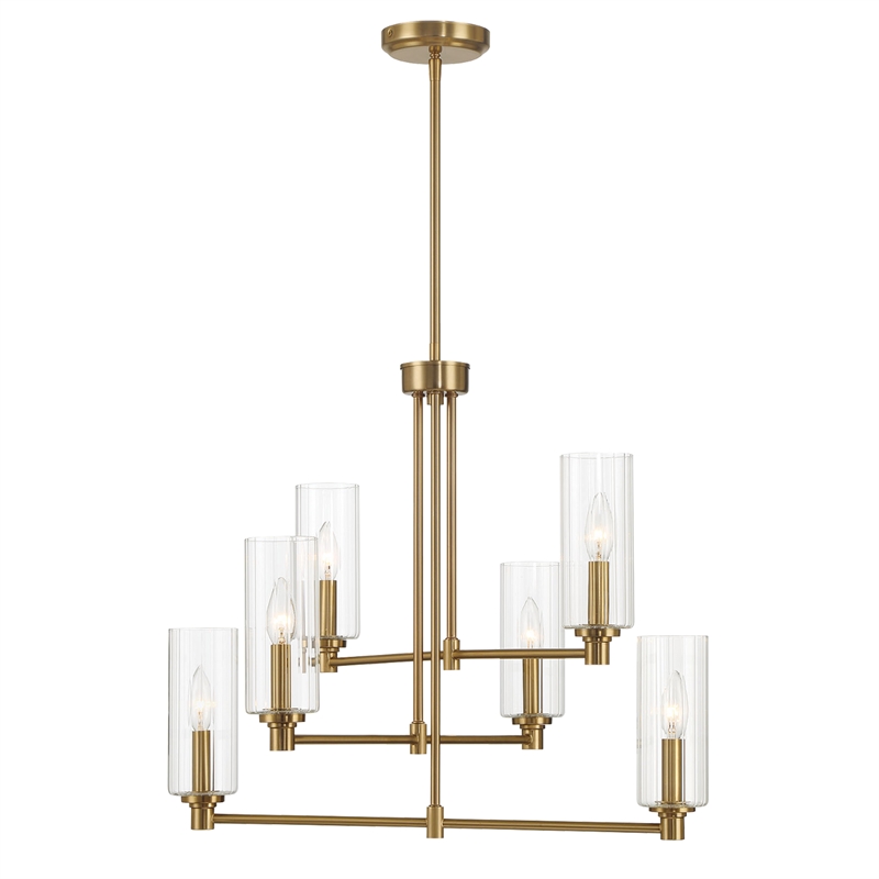 Modart 6-Light Metal Pendant with Satin Brass Finish and Ribbed Glass Shades