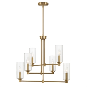 Modart 6-Light Metal Pendant with Satin Brass Finish and Ribbed Glass Shades