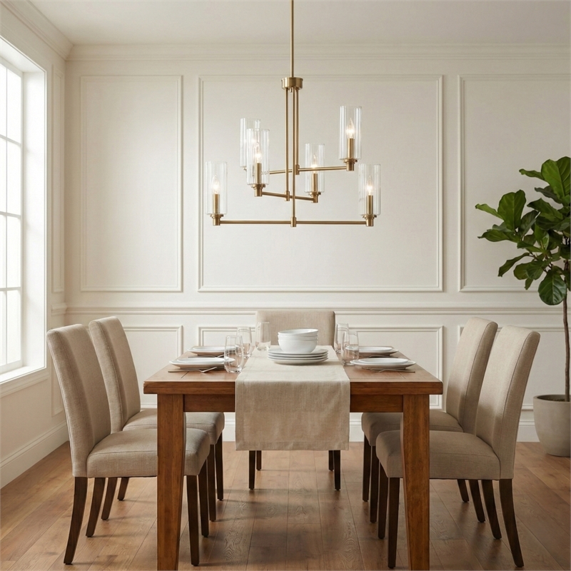 Modart 6-Light Metal Pendant with Satin Brass Finish and Ribbed Glass Shades