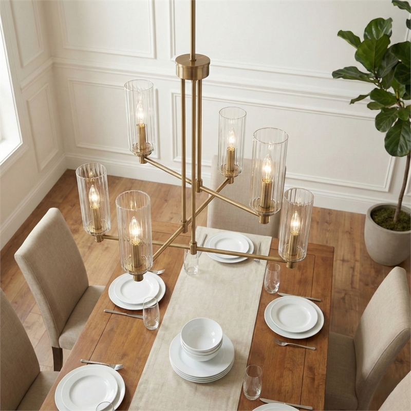 Modart 6-Light Metal Pendant with Satin Brass Finish and Ribbed Glass Shades