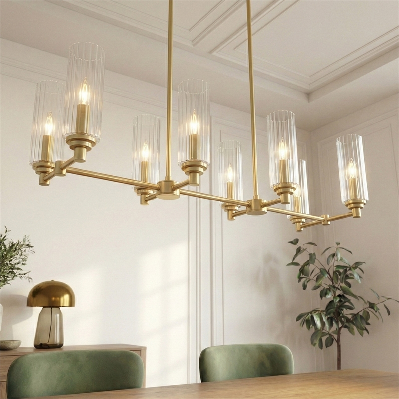 Zerun Linear 8-Light Satin Brass Metal Pendant with Clear Ribbed Glass
