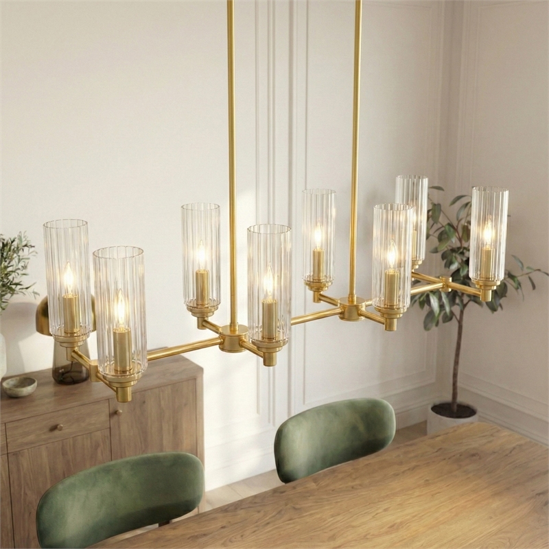Zerun Linear 8-Light Satin Brass Metal Pendant with Clear Ribbed Glass
