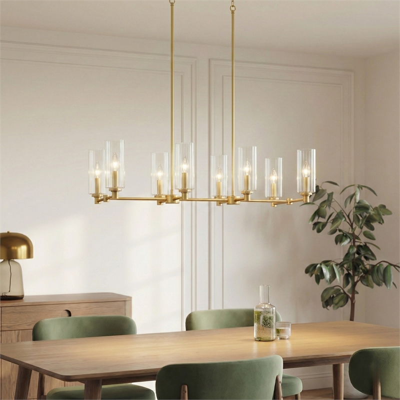 Zerun Linear 8-Light Satin Brass Metal Pendant with Clear Ribbed Glass