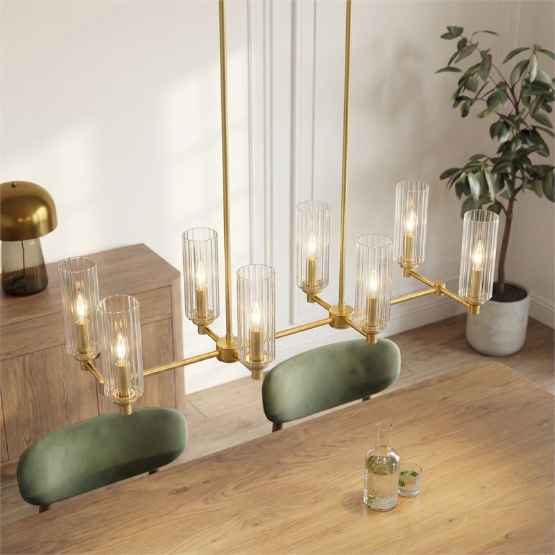 Zerun Linear 8-Light Satin Brass Metal Pendant with Clear Ribbed Glass