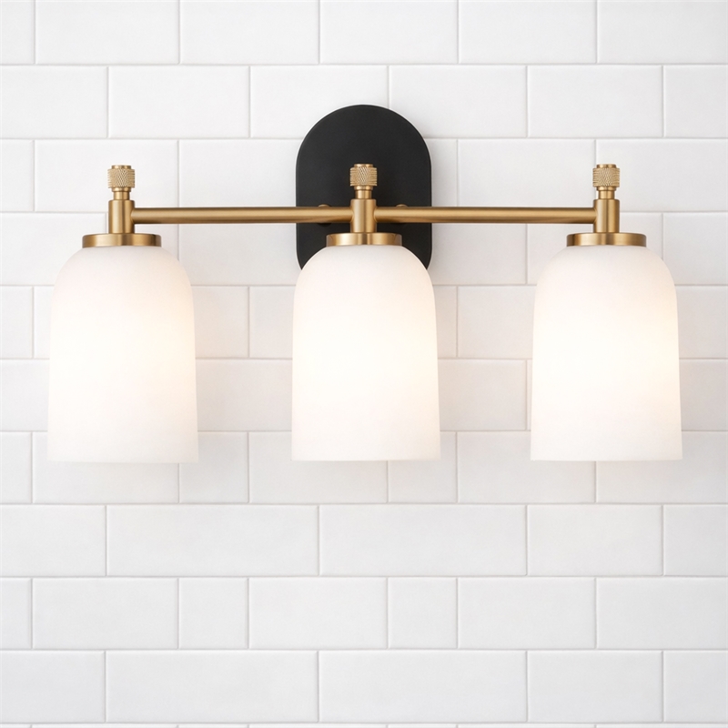 Kasa Three-Light Vanity Metal Wall Fixture with White Frosted Glass Shades