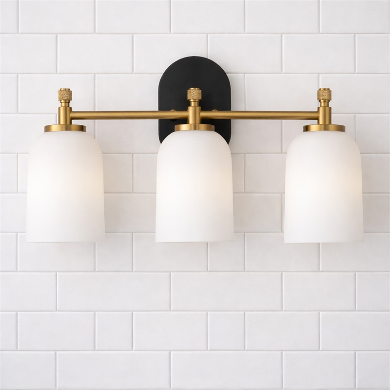 Kasa Three-Light Vanity Metal Wall Fixture with White Frosted Glass Shades