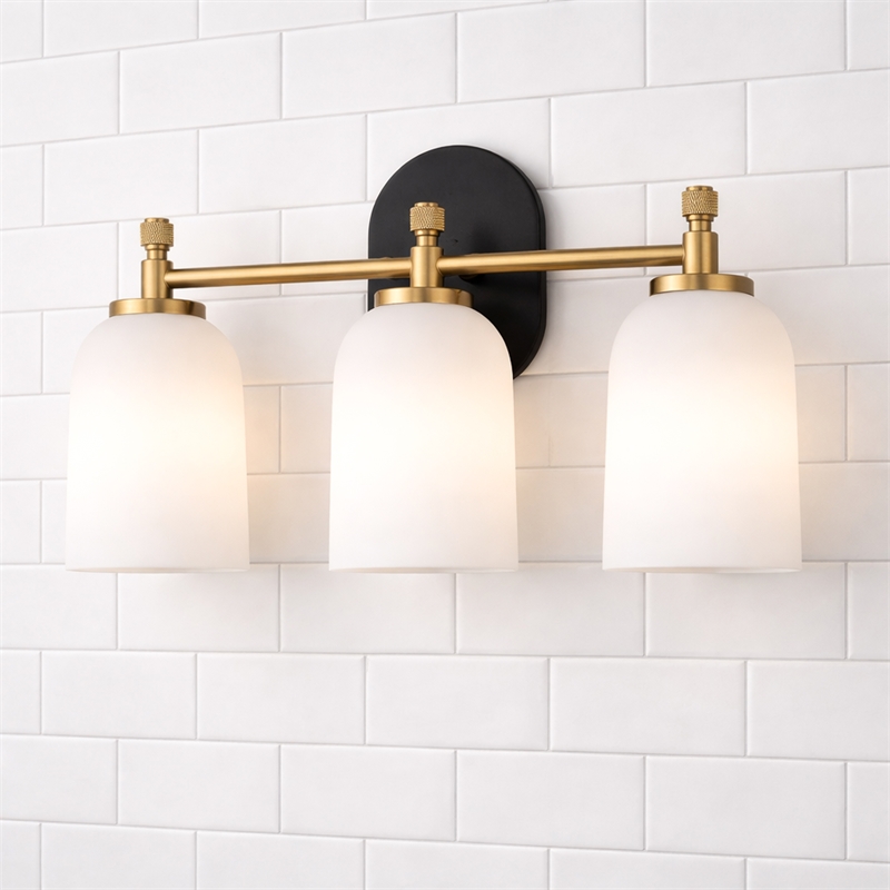 Kasa Three-Light Vanity Metal Wall Fixture with White Frosted Glass Shades