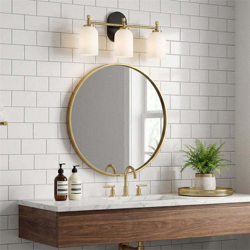 Kasa Three-Light Vanity Metal Wall Fixture with White Frosted Glass Shades