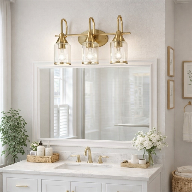 Vanity Gold Metal Glow Vanity Light Fixture with Three Clear Glass Shades