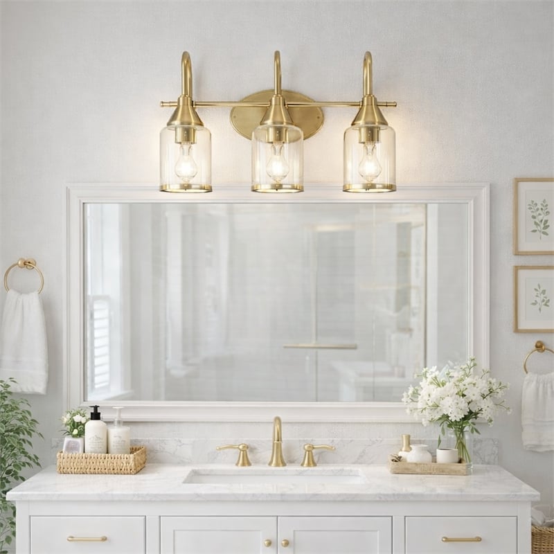 Vanity Gold Metal Glow Vanity Light Fixture with Three Clear Glass Shades
