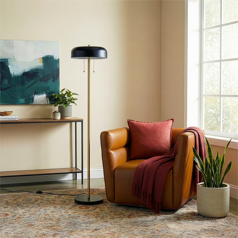 Neva Black and Gold Metal Floor Lamp with Drum Shade