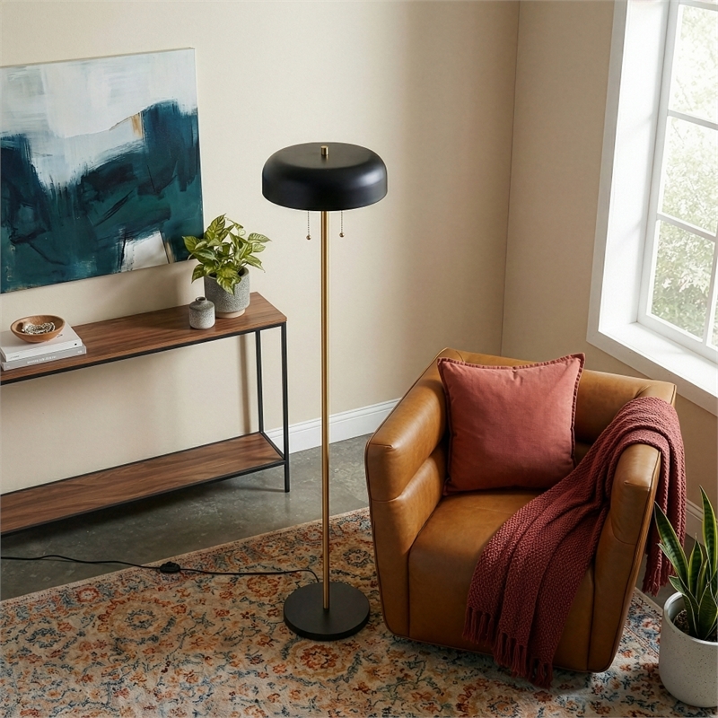 Neva Black and Gold Metal Floor Lamp with Drum Shade