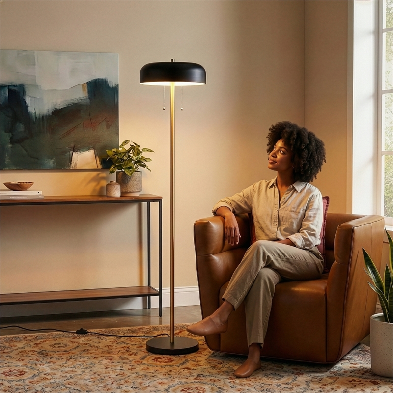Neva Black and Gold Metal Floor Lamp with Drum Shade
