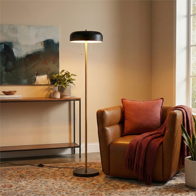Neva Black and Gold Metal Floor Lamp with Drum Shade