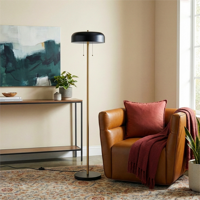 Neva Black and Gold Metal Floor Lamp with Drum Shade