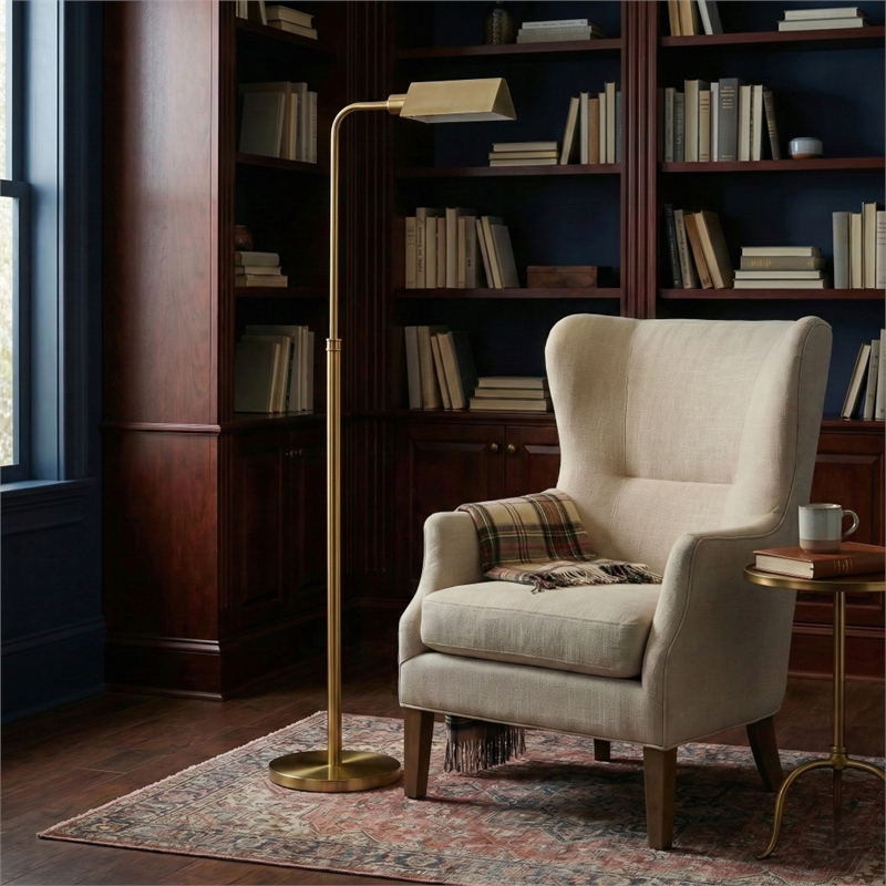 Bernice Brass Dome Metal Floor Lamp with Rattan Accent and Dual Pull Chains