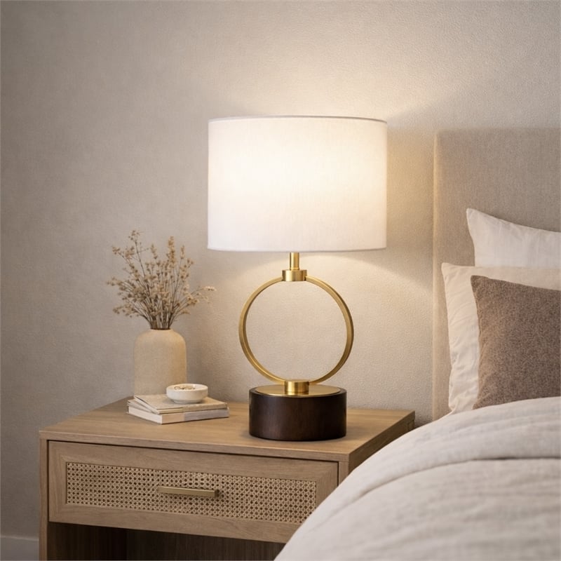 Doskin Brass Circle Metal Table Lamp with White Shade