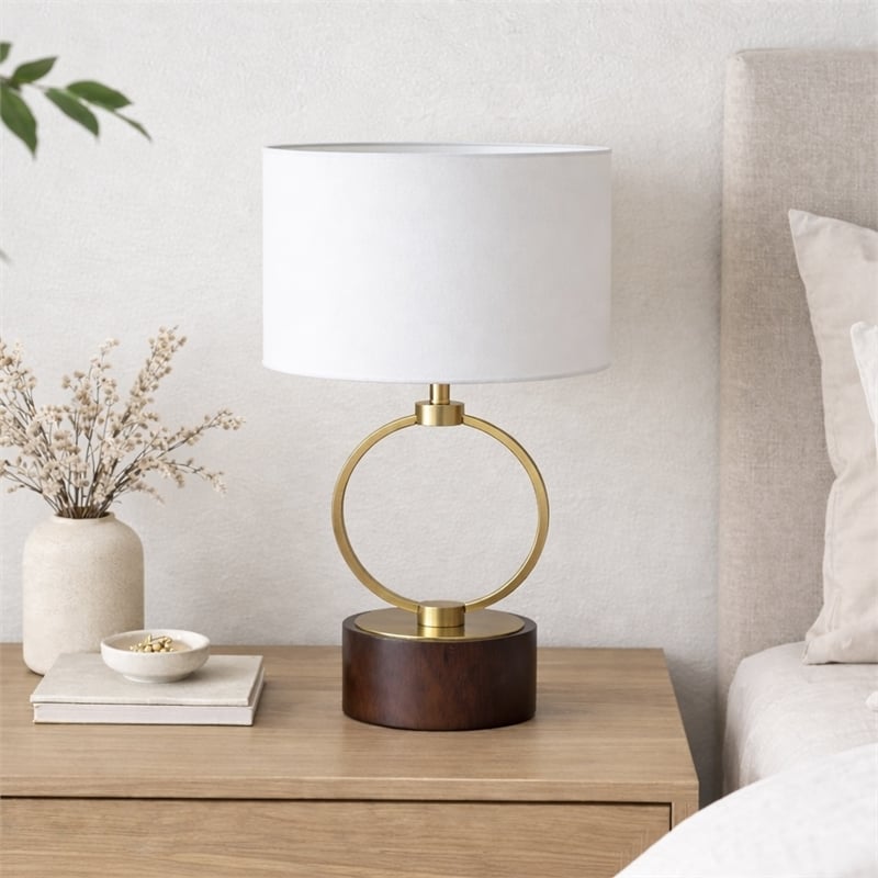 Doskin Brass Circle Metal Table Lamp with White Shade