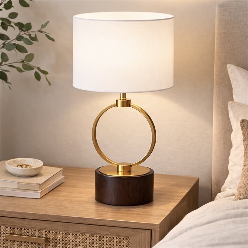 Doskin Brass Circle Metal Table Lamp with White Shade