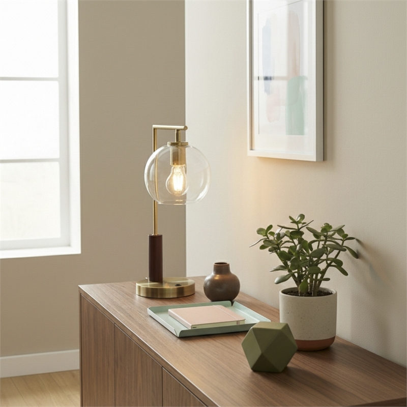 Fuska Glass Globe Metal Table Lamp with Antique Brass Finish