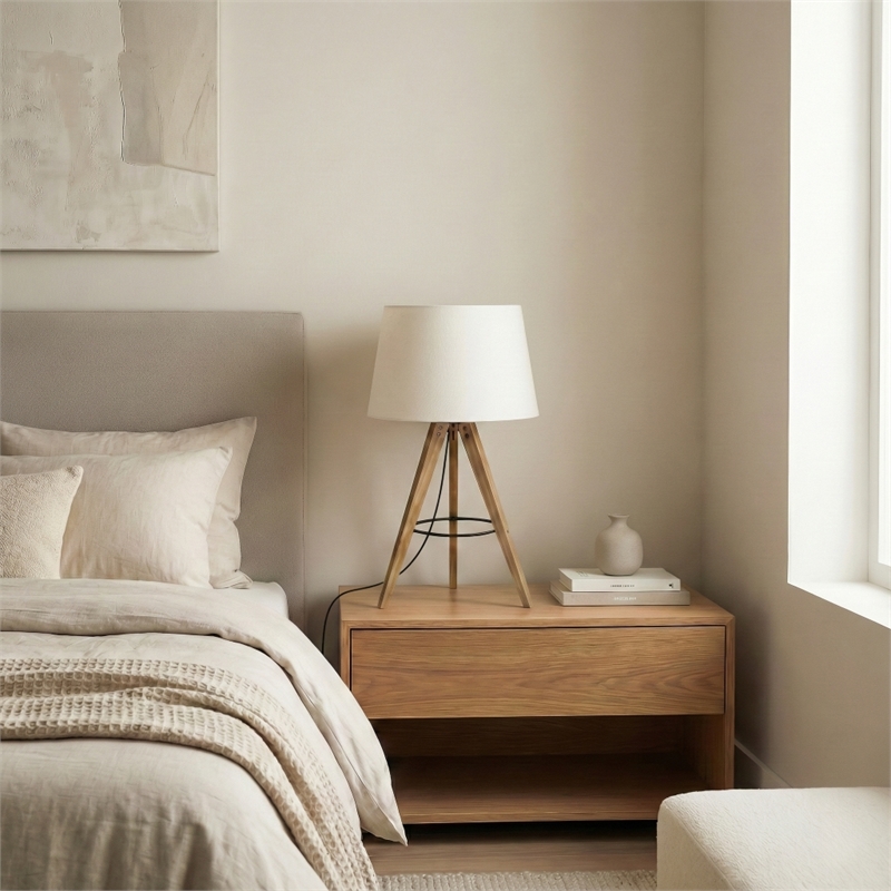 Hector Wooden Brass Metal Tripod Table Lamp with Linen Shade