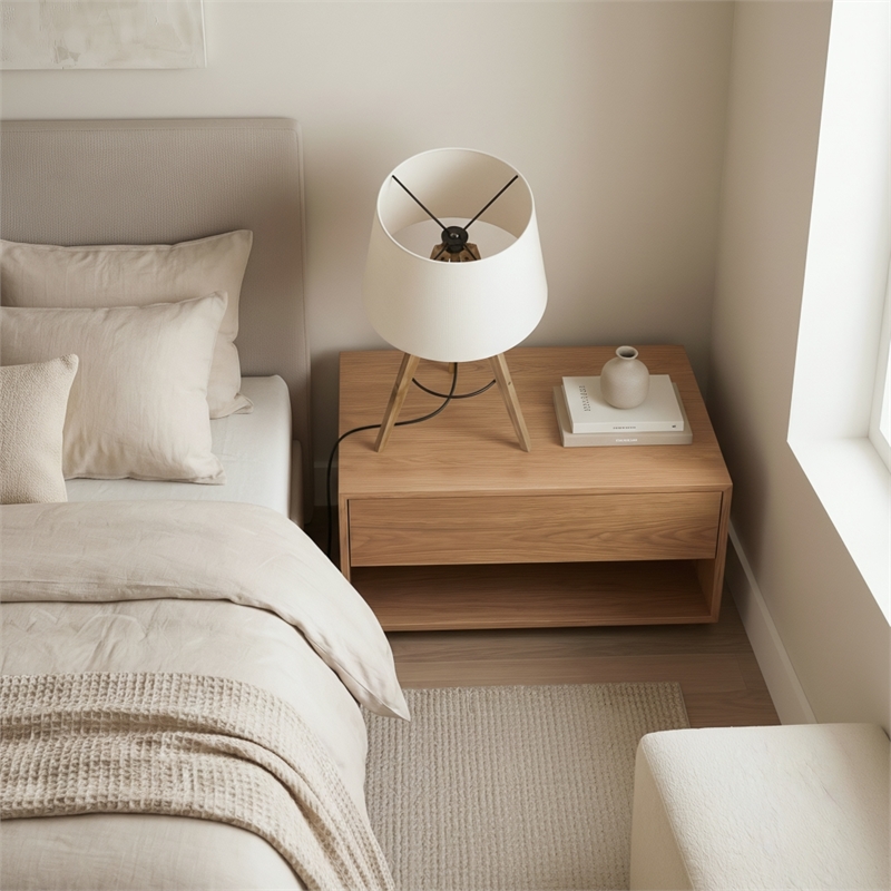 Hector Wooden Brass Metal Tripod Table Lamp with Linen Shade