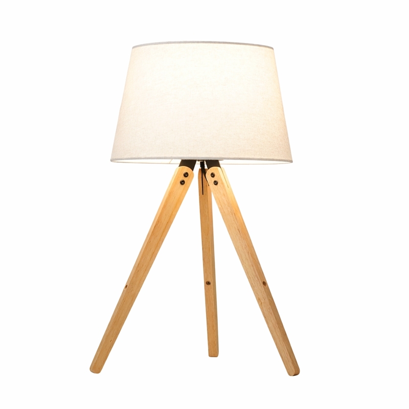 Hector Wooden Brass Metal Tripod Table Lamp with Linen Shade
