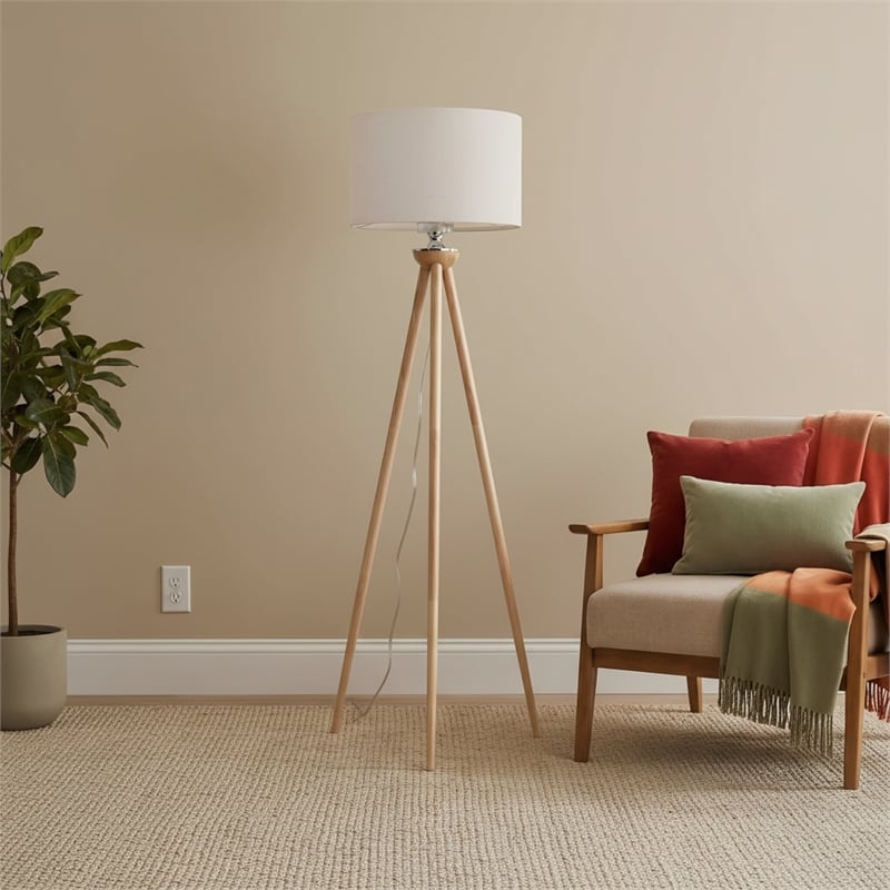 Lara Tripod Floor Lamp with Natural Wood Base and Beige Linen Shade