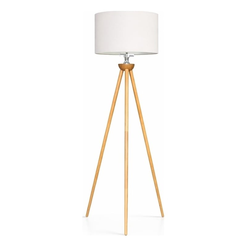 Lara Tripod Floor Lamp with Natural Wood Base and Beige Linen Shade
