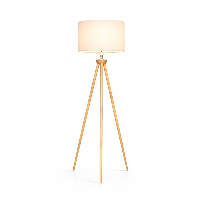 Lara Tripod Floor Lamp with Natural Wood Base and Beige Linen Shade