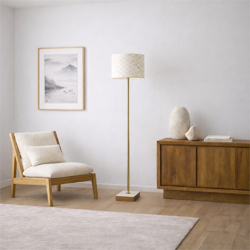 May Woven Shade White Floor Lamp with Marble and Wood Base