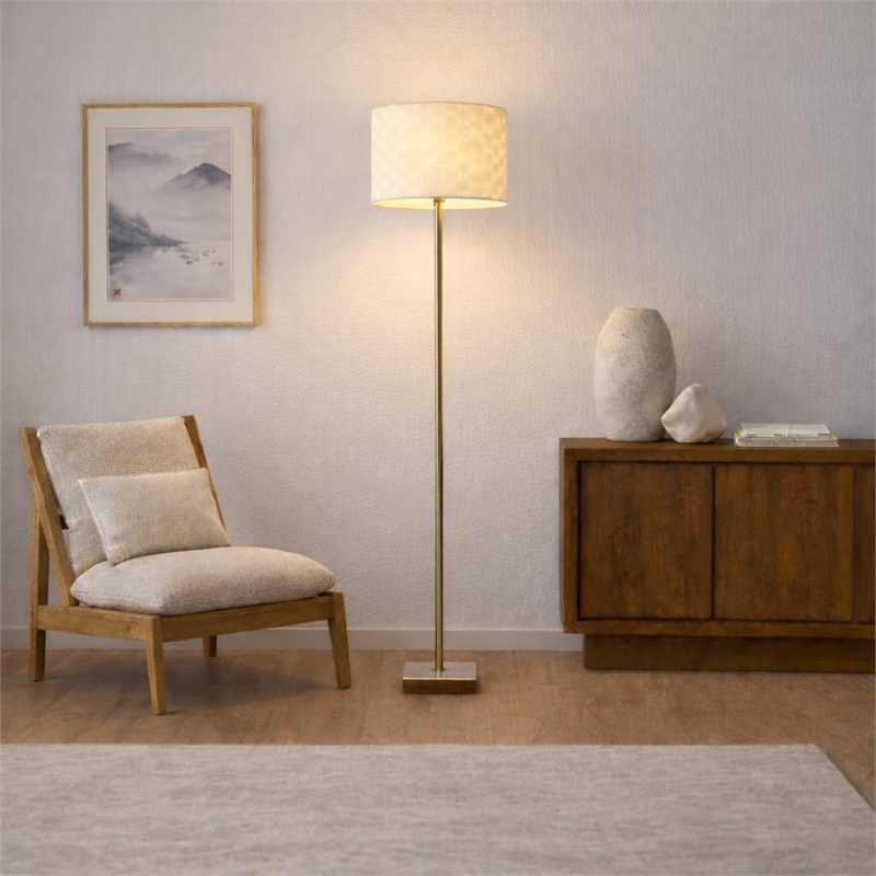 May Woven Shade White Floor Lamp with Marble and Wood Base