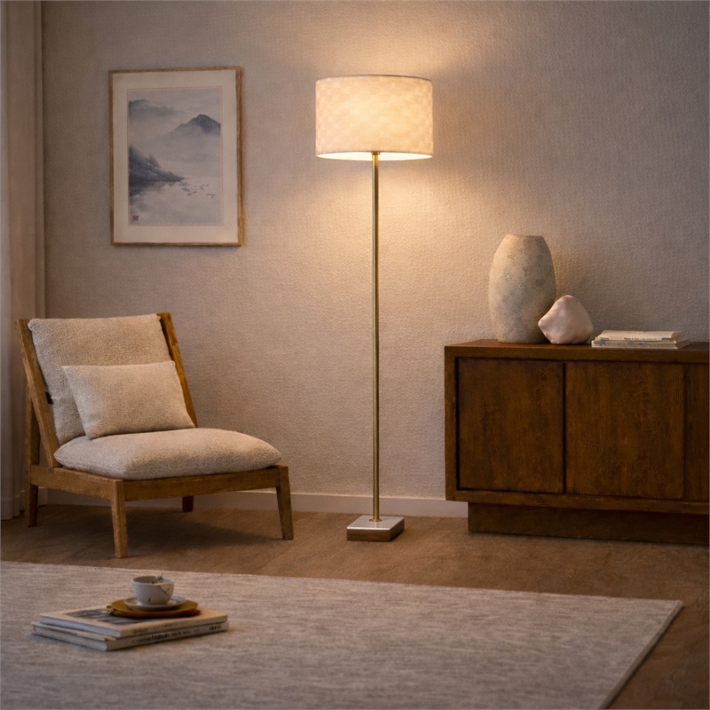 May Woven Shade White Floor Lamp with Marble and Wood Base
