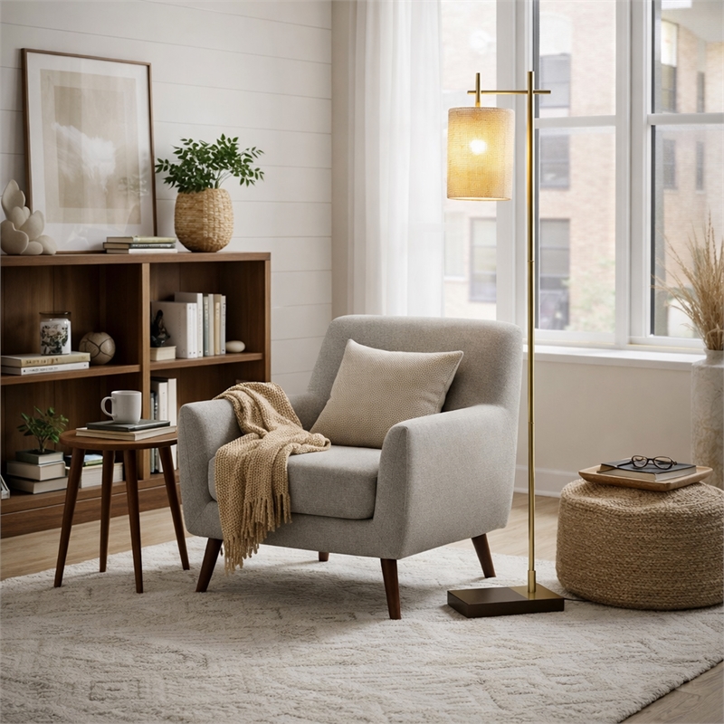 Jan Floor Lamp with Rattan Shade and Brass Frame