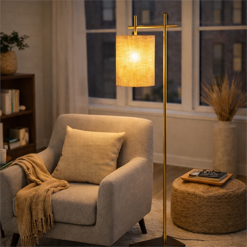 Jan Floor Lamp with Rattan Shade and Brass Frame