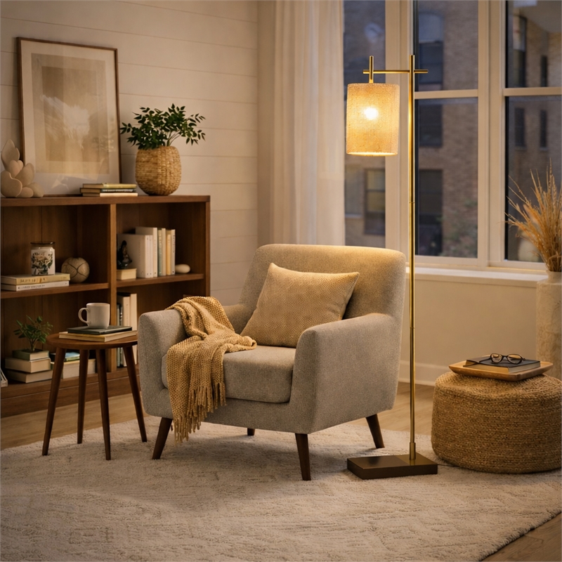 Jan Floor Lamp with Rattan Shade and Brass Frame