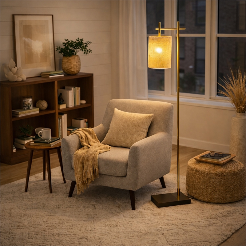 Jan Floor Lamp with Rattan Shade and Brass Frame