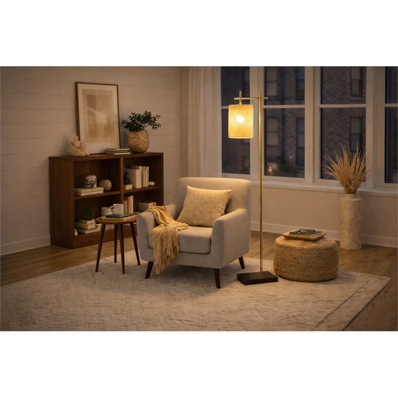 Jan Floor Lamp with Rattan Shade and Brass Frame