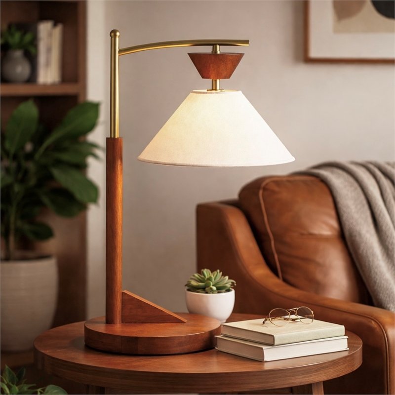 Hollie  Wood and Linen Table Lamp with Brushed Gold Accents