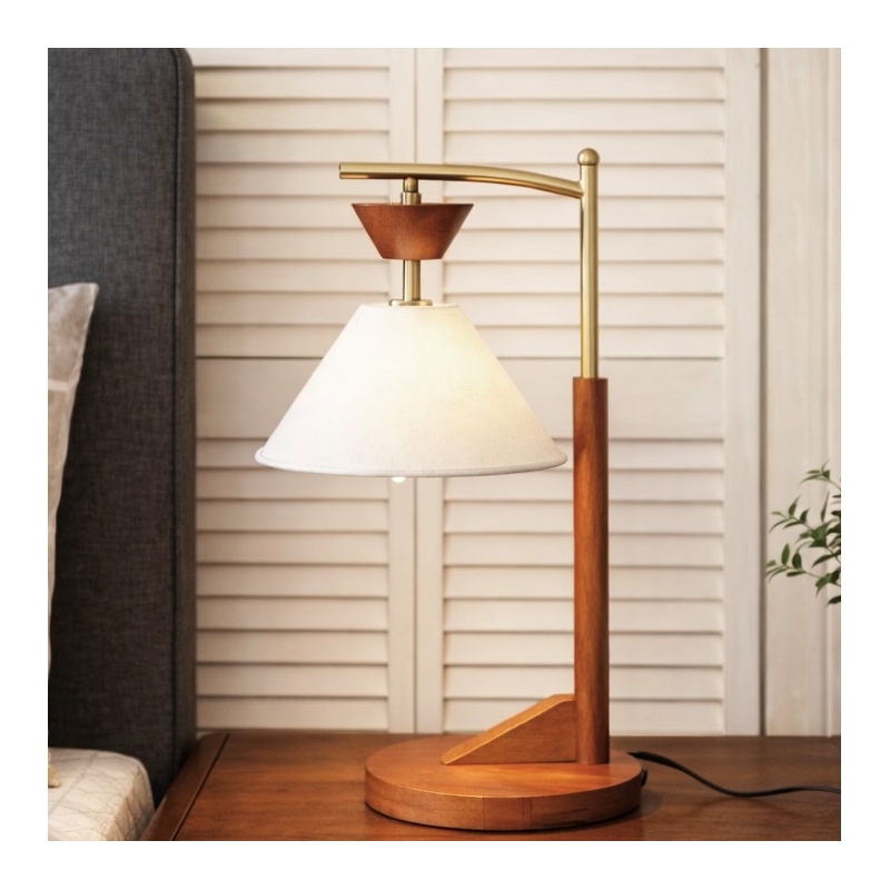 Hollie  Wood and Linen Table Lamp with Brushed Gold Accents