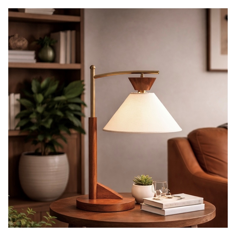 Hollie  Wood and Linen Table Lamp with Brushed Gold Accents