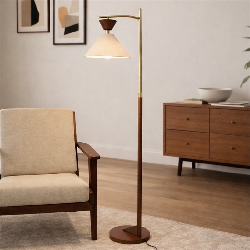 Alvina Modern Wood and Brass Floor Lamp with Linen Shade