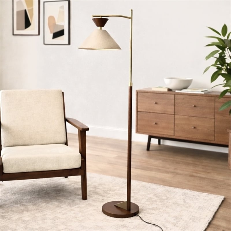 Alvina Modern Wood and Brass Floor Lamp with Linen Shade