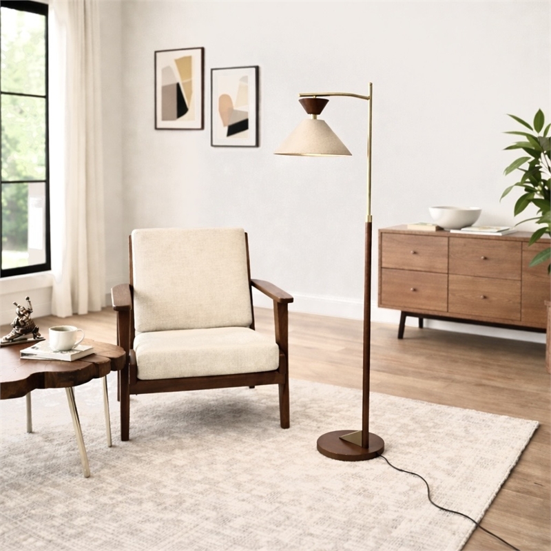 Alvina Modern Wood and Brass Floor Lamp with Linen Shade
