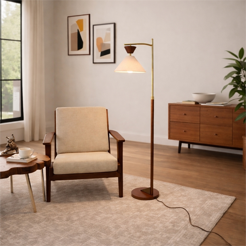 Alvina Modern Wood and Brass Floor Lamp with Linen Shade