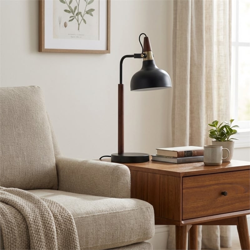 Halona Adjustable Black Industrial Desk Lamp with Wood and Metal Design